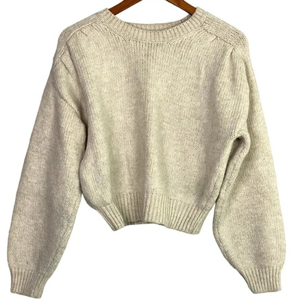ZARA Cropped Ribbed Hems Long Sleeve Crew Neck Chunky Knit Sweater Small Cream